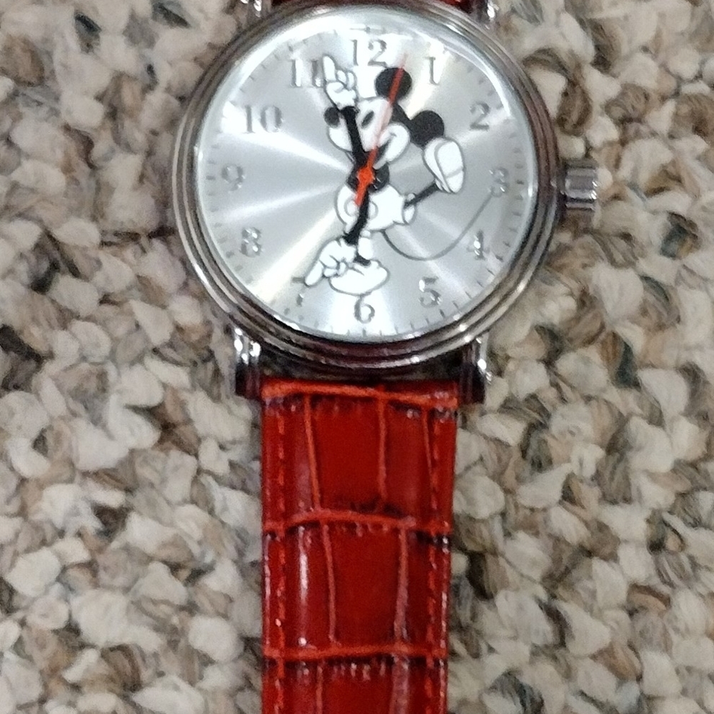 Disney Silver Watch with Red Leather Strap